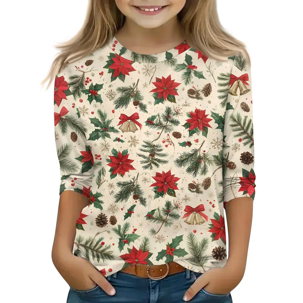 Children's 3/4 Sleeve Tops Casual Christmas Print T Shirt Round Neck Pullover Blouse