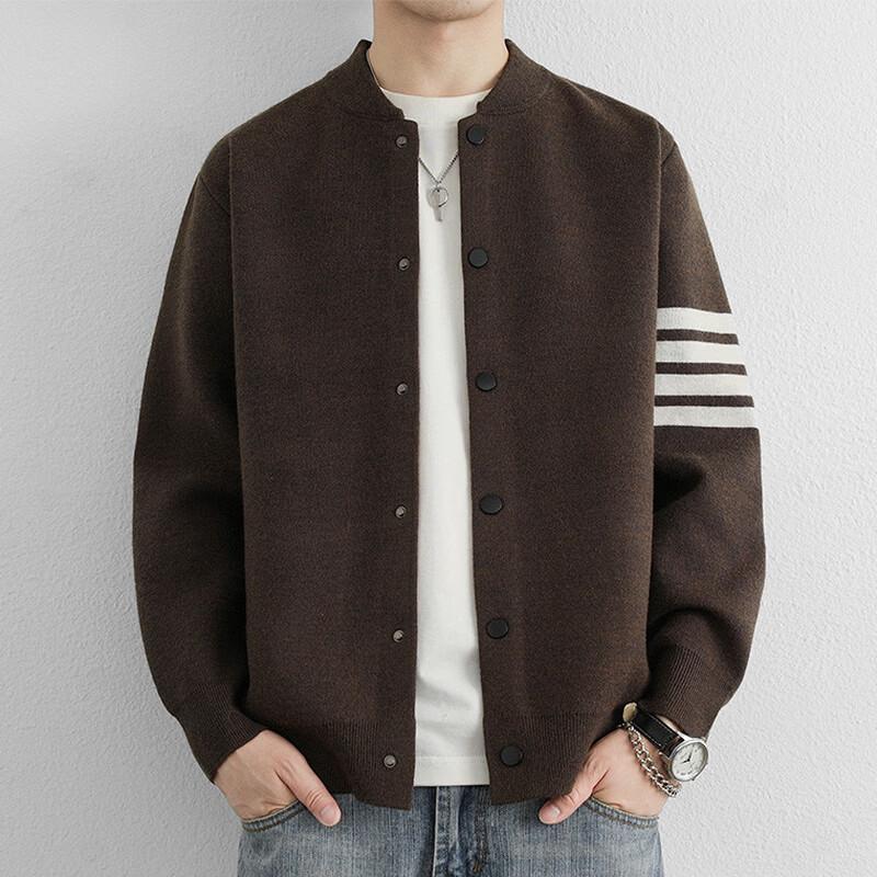 Romon Men's Striped Knitted Baseball Collar Cardigan Jacket