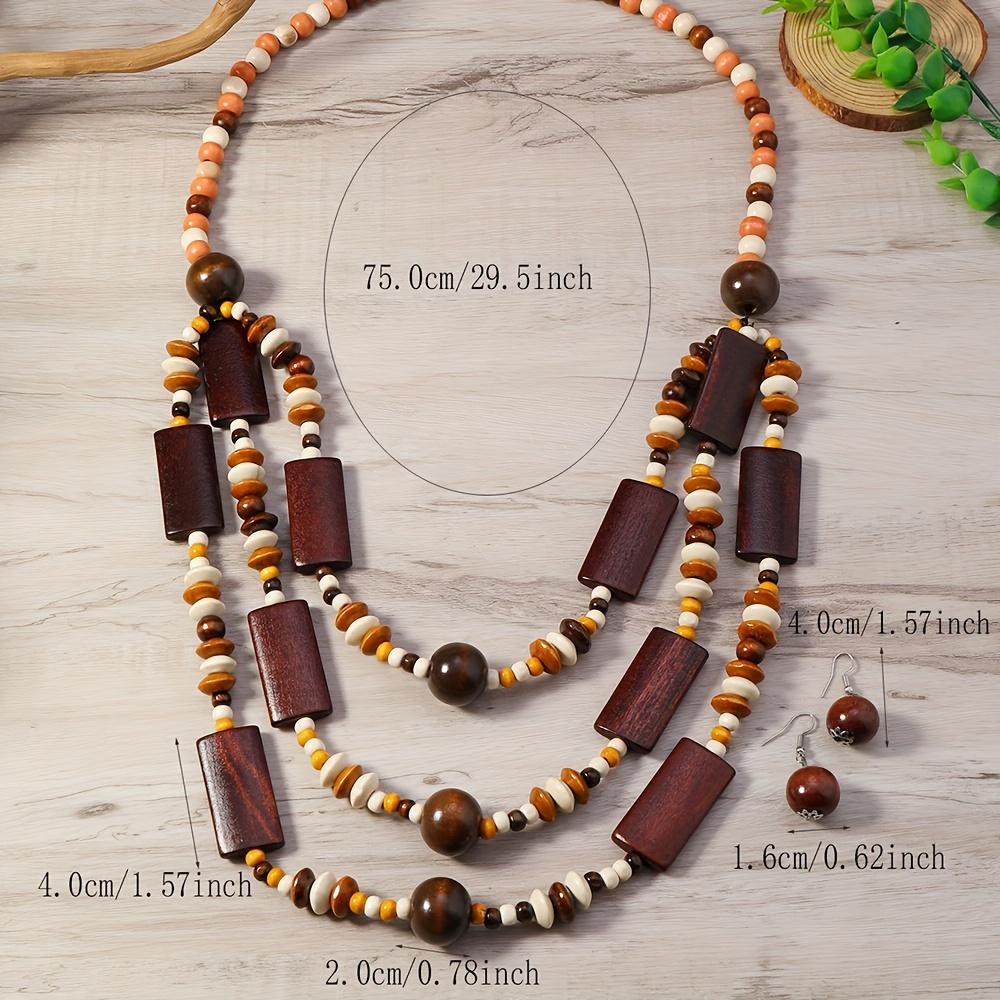 Bohemian Vintage Style Handcrafted Wooden Bead Necklace and Earrings Set, Boho Chic No Plating Fashion Jewelry for Daily
