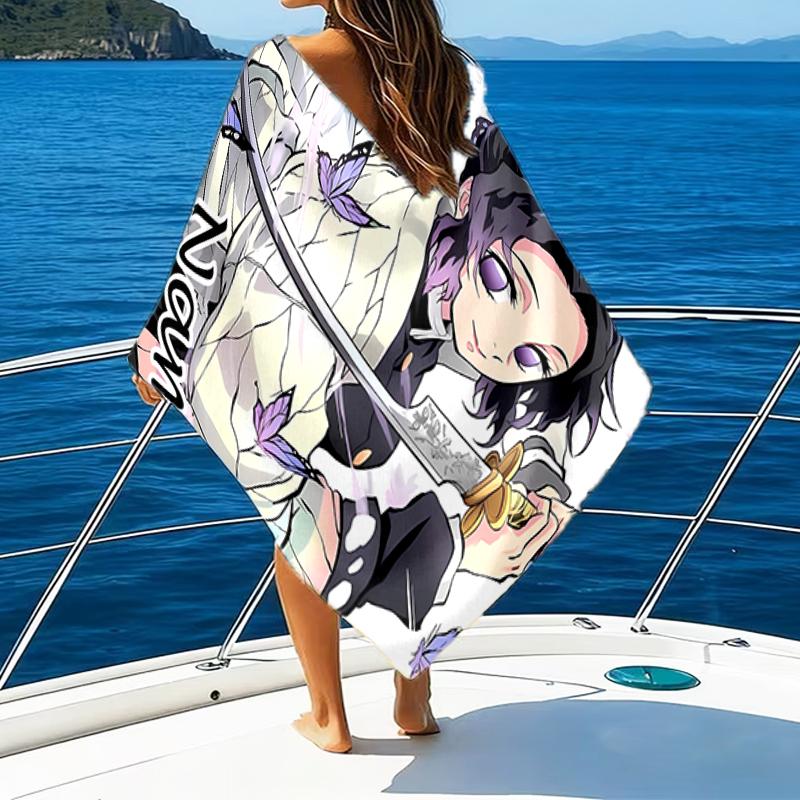 1pc Demon Slayer3 Beach Towel with Custom Name, Beach/Swimming/Bath/Picnic/Camping Towel, Suitable for Seaside Beaches