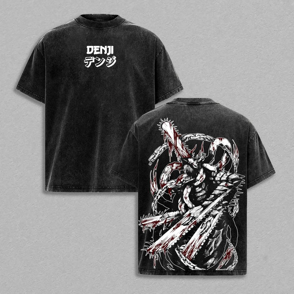 Denji Chainsaw Man Manga T-shirt Harajuku Vintage Washed Oversized T Shirt Casual Short Sleeve 100% Cotton Tee Tops Men Clothing