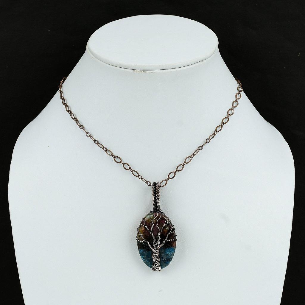 Кулон «Древо жизни» с арбузом и турмалином, кулон в проволочной обмотке, драгоценный камень, медный кулон, ювелирный подарок в проволочной обертке, подвески ручной работы для него