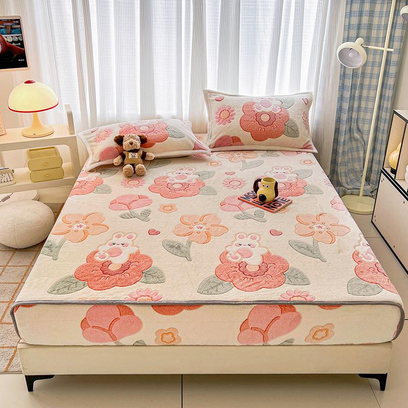 Flannel Fitted Sheet Warm Bedsheet Cartoon Bed Cover Thicken Bed Linen Winter Mattress Protector sabanas (Pillowcase Need Order)