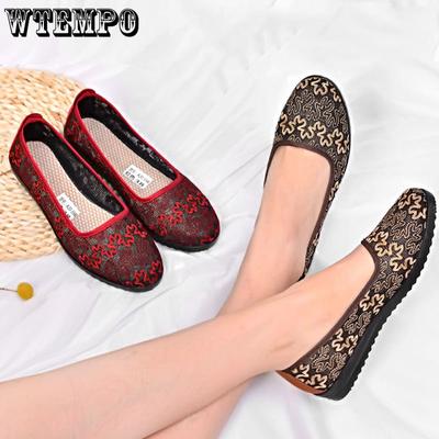 Женская обувь. Летние одинарные туфли. Нескользящие туфли с мягкой подошвой. Туфли из старой пекинской ткани. Туфли с дышащей сеткой, подходят для людей среднего и пожилого возраста.