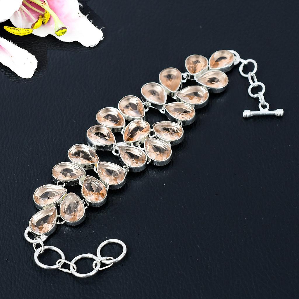 Morganite Gemstone Handmade 925 Sterling Silver Bracelet 7-8" KG-367
