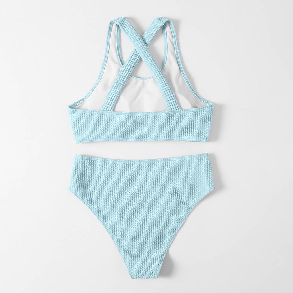 Women’s Two Piece Ribbed Bikini Set with High Waist Bottom and Cross Back Tank Top Swimsuit for Beach Pool Wear