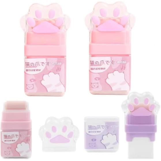 2Pcs Cat Paw Roller Eraser, Cute Cat Rubber, Multicolour Erasers for Kids, Colorful Roller Eraser, Kids with Shaving Roller Case for School Office