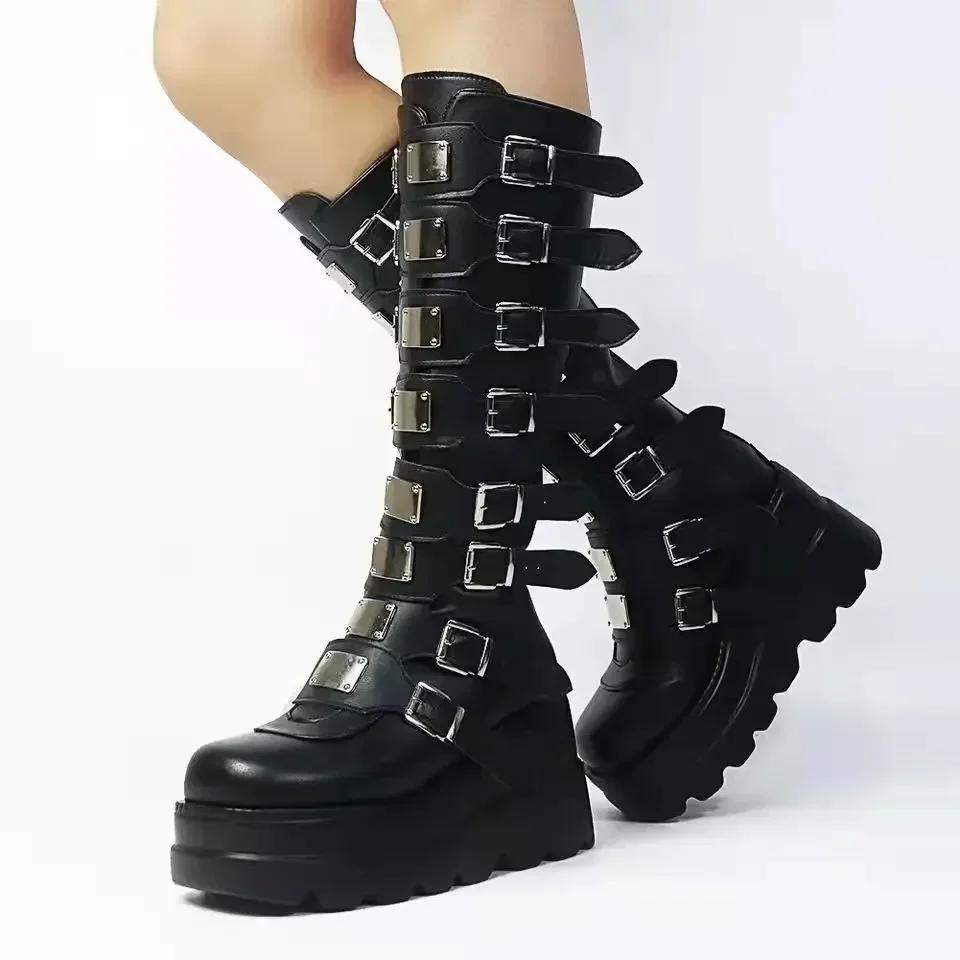 Gothic Shoes Platform Knee High Punk Black Sexy Motorcycles Halloween Cosplay Shoes for Women