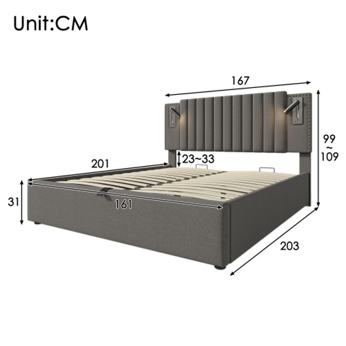 Lit double 160x200 - Vintage - Lampe de lecture avec USB - Sommier à lattes - Coffre de rangement gris