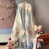 Womens Tang Dynasty Style Hanfu Set Embroidered Wide Sleeve Top High-Waisted Skirt Daily Wear Pink Blue