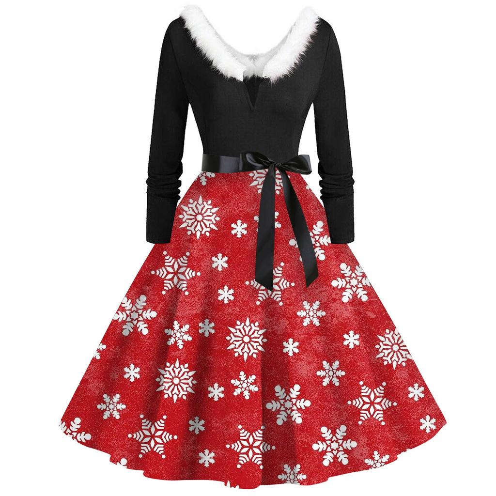 Женское повседневное и модное платье с длинными рукавами и V-образным вырезом с рождественским принтом на молнии