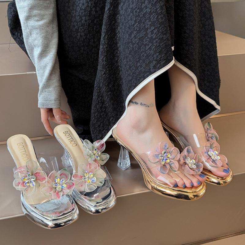 Fashion Luxury Crystal High Heels Slippers Designer Flower Shallow Shoes Summer New Sandals Pumps 2025 Brand Chunky Zapatillas De Mujer