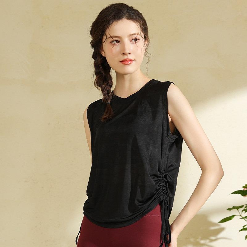 Летняя дышащая блузка для йоги из пряжи слаб, женская свободная спортивная блузка без рукавов с круглым вырезом, блузка для йоги со шнурком по низу