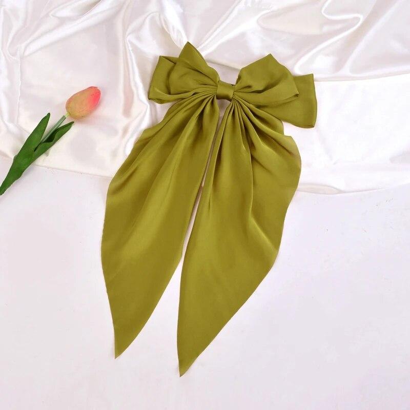 Корейская однотонная атласная заколка для волос, элегантная заколка для волос с бантом и лентой для девочек, модный простой головной убор с зажимами, аксессуары для волос