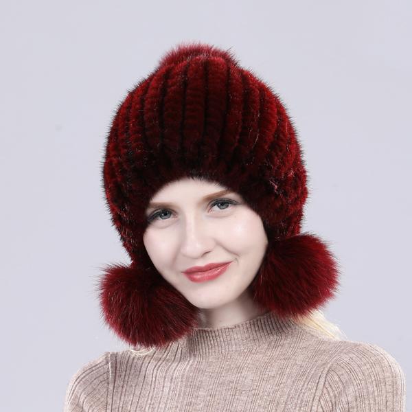 Women Winter Thick Real Mink Fur Hat with Fox Fur Pompoms Knitted Natural Fur Cap Lady Outdoor Warm 100% Real Mink Fur Hats