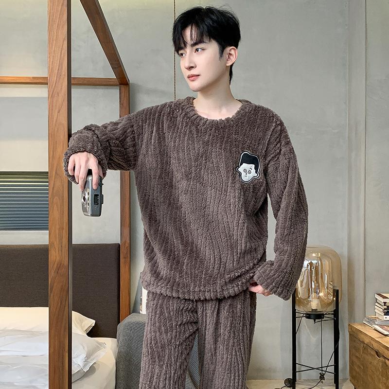 French Casual Outside Pajamas Set for Men Cotton Fleece Soft Warm Print Design Homewear Autumn Winter New Pajamas for Men