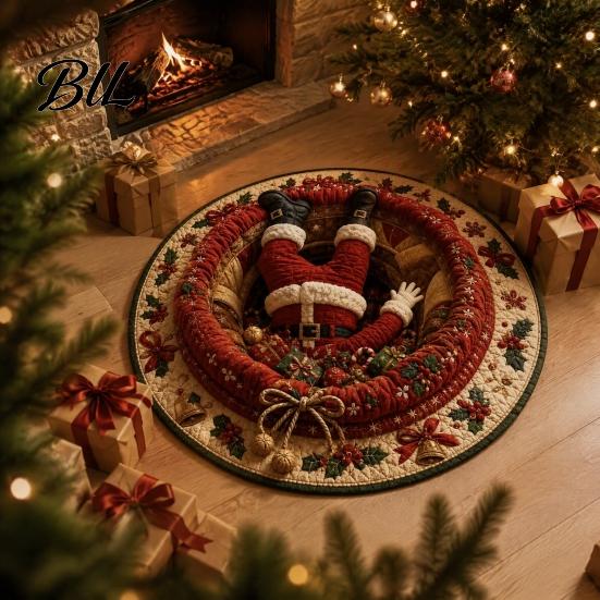 Festive Living Room Decor Christmas Round Area Rug, 3D Optical Illusion Carpet, Stain & Wear Holiday Party Resistant Throw Rug for Sofa Bedroom Home