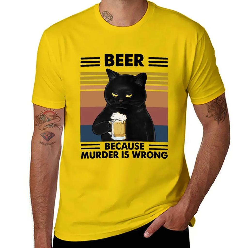 Funny Black Cat With Beer Vintage Art Beer T-Shirt boys whites anime clothes sweat mens graphic t-shirts pack