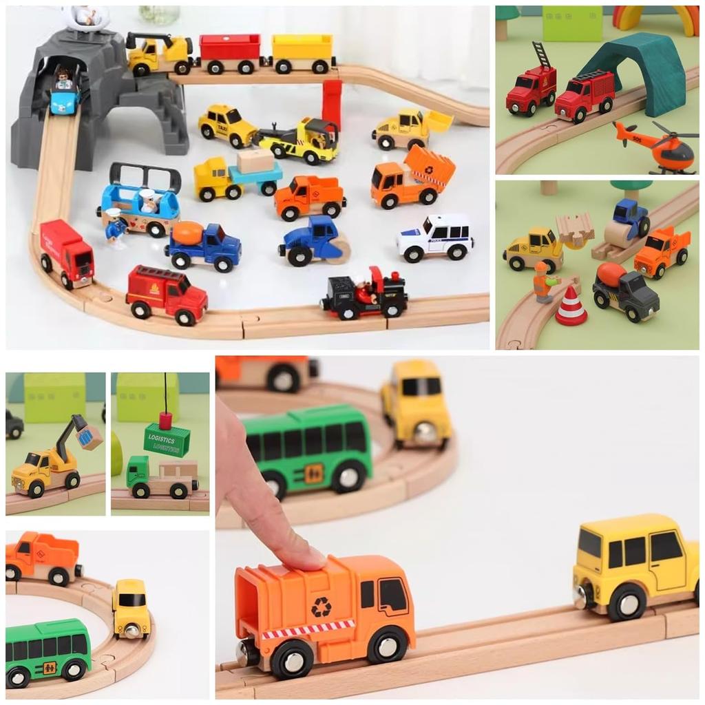 Wooden Rail Work Car Set Toy Hape Brio Thomas Wooden Rail Car Bulldozer Lift Compatible (Working Car)