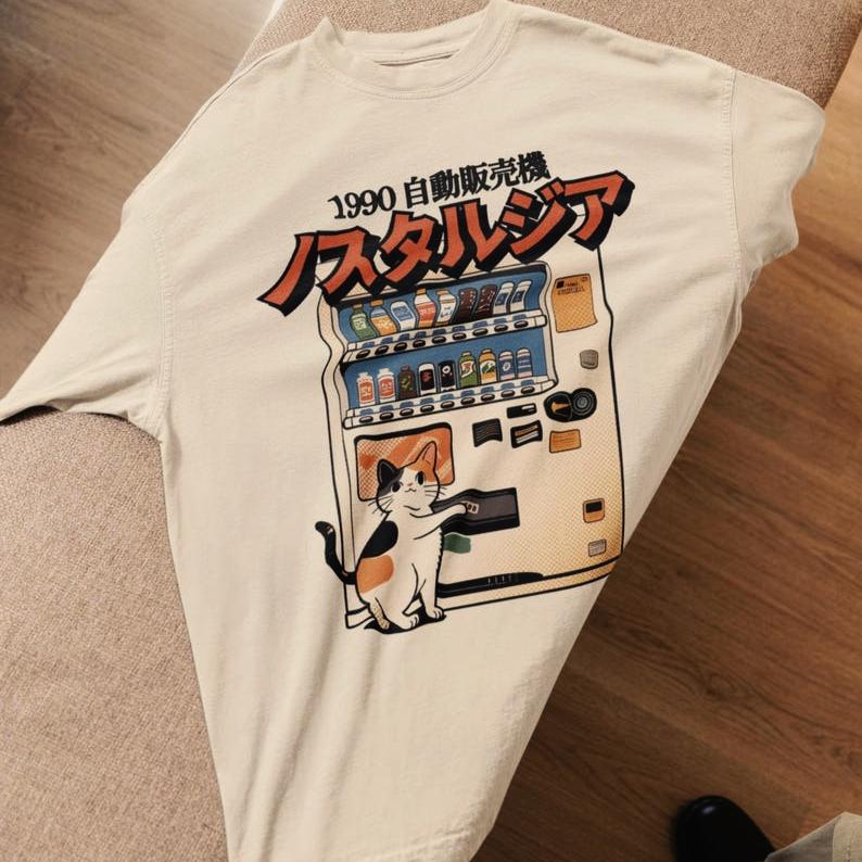 Japan Vending Machine Cat 90s Anime Shirt Harajuku Y2K Kawaii Japanese Streetwear Harajuku Y2K Grunge Unisex WoUnisex Streetwear Tops