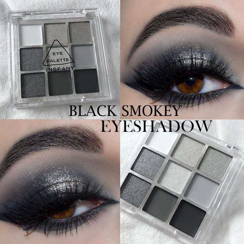 9 Colors Cool Toned Eyeshadow Palette Black Smokey Palette Matte Glitter Eyeshadow Palette Smoky Eye Shadow Eye Pigments Palette