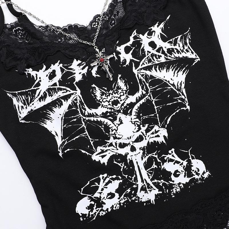 AltGoth Gothic Punk Майки женские Уличная одежда Harajuku Y2k Grunge Graphic Bat Printed Кружевной пэчворк Укороченный топ с цепочкой Femme
