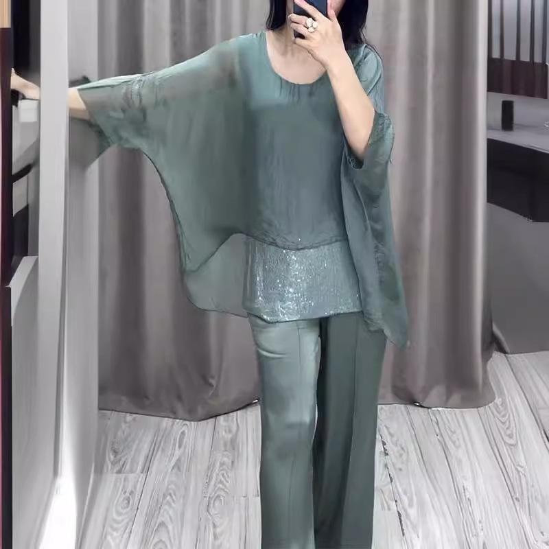 Весенний ретро-наряд с пайетками, женский повседневный комплект из 2 предметов, топ с круглым вырезом, пуловер + длинные брюки, летний свободный костюм с рукавами «летучая мышь»