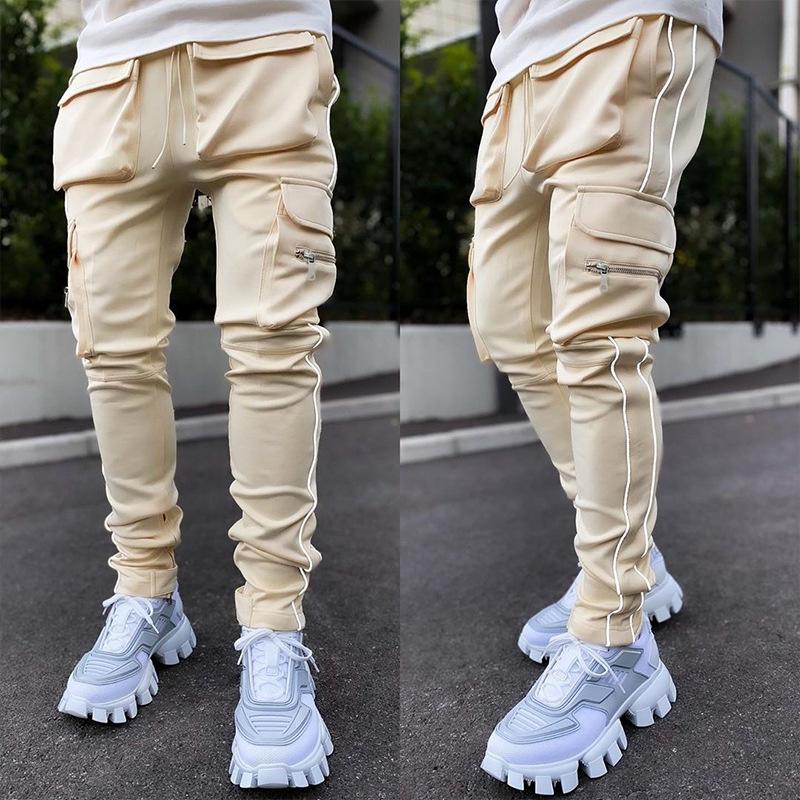 Men's Reflective Strip Cargo Pants Multi-pocket Jogger Trousers