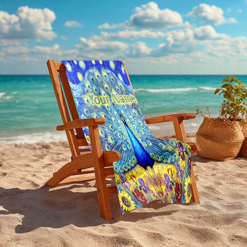 1PC Custom Name Peacock Sunflower Field Beach Towel Highly Absorbent And Sand-Resistant Towel for Swimming, Pool, Yoga, And Travel Lightweight