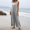 Summer Women Jumpsuit V Neck Wide Leg Deep Crotch Sleeveless Loose Solid Color Side Pockets Pullover Casual Daily Wear Full Leng