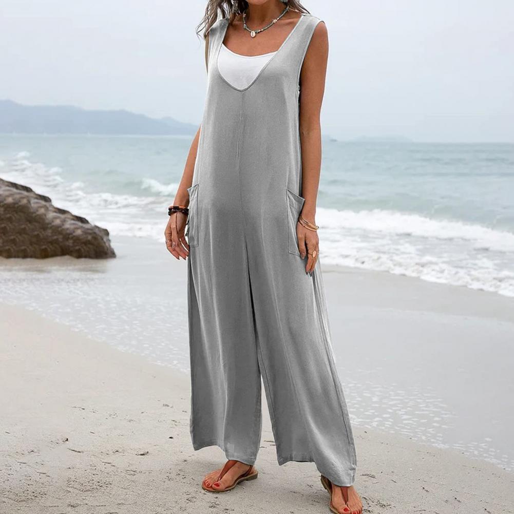 Summer Women Jumpsuit V Neck Wide Leg Deep Crotch Sleeveless Loose Solid Color Side Pockets Pullover Casual Daily Wear Full Leng