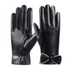 Winter Warm Gloves for Women's Bow Plus Velvet Thickened Water Washed Leather Touch Screen Windproof Cold Waterproof PU Leather Gloves