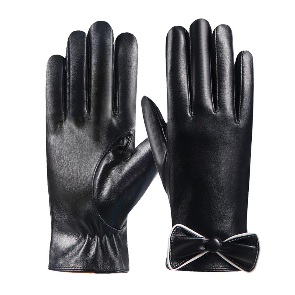 Autumn and Winter Warm Gloves for Women PU Leather Bow Plus Velvet Thickened Cold and Windproof Outdoor Driving Touch Screen