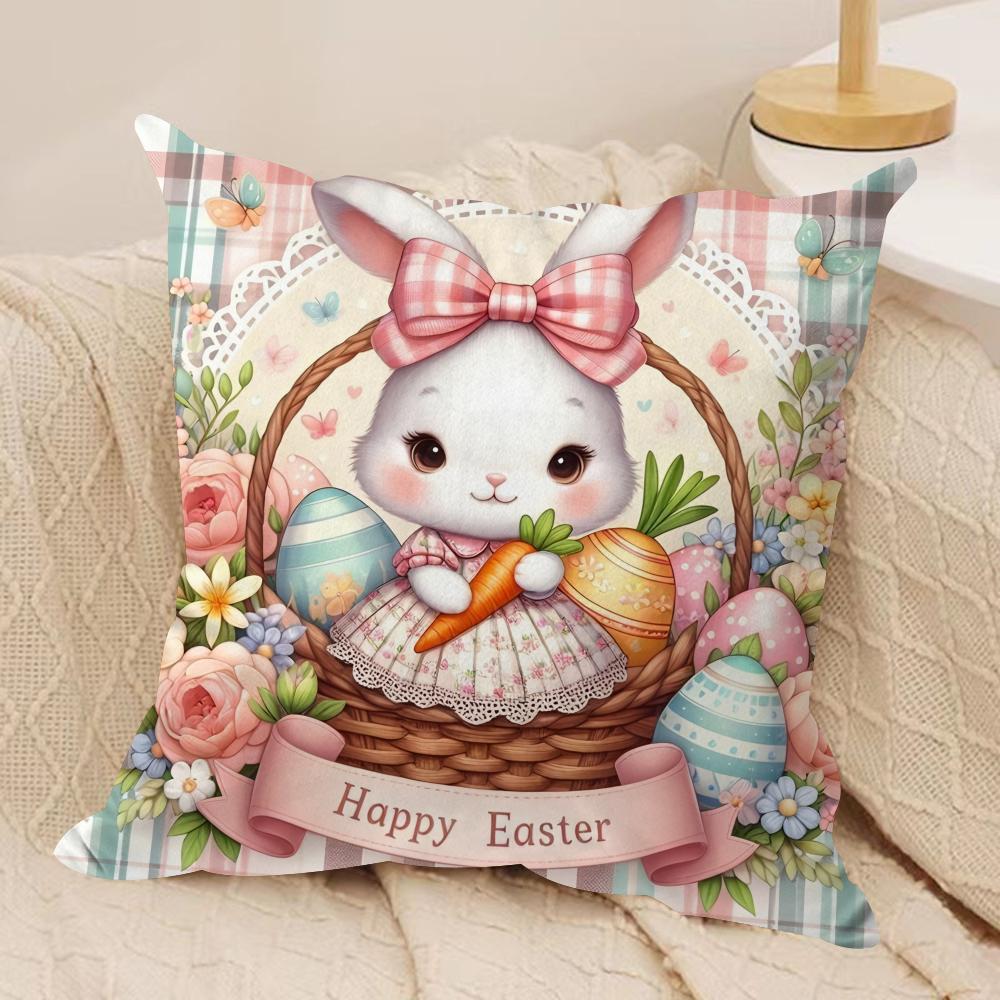 Easter eggs Rabbit Cushion Cover Silky Short Plush Invisible Zipper Dustproof Sofa Pillow Case for Home Decor
