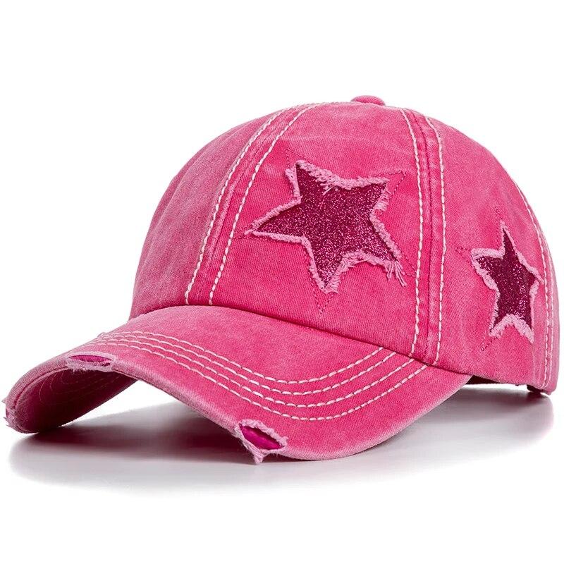 New Fashion Women Ponytail Cap Sequins 5-Point Star Hole Design Baseball Cap Female Washed Cotton Streetwear Hats