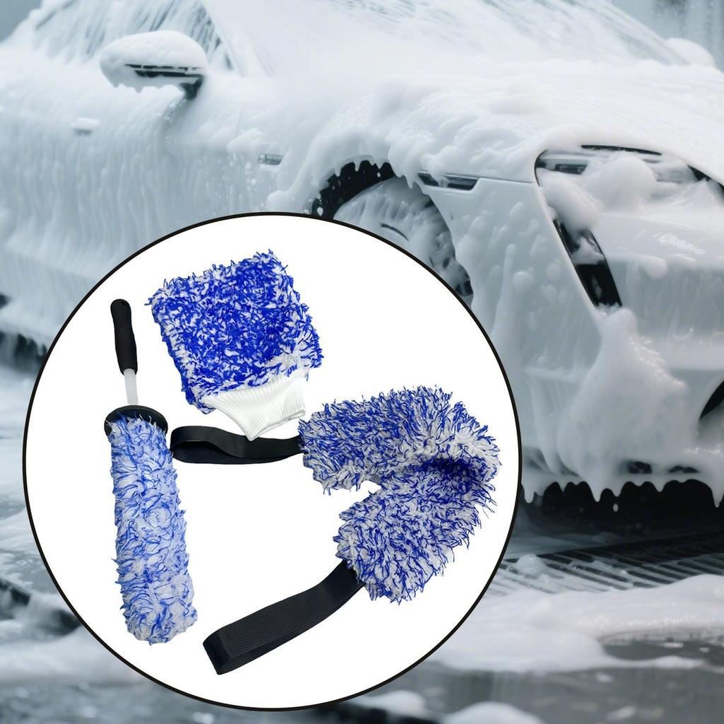 Wheel Brush Scratch-Free Rim Cleaner Brush 3 Pieces Auto Wash Detailing Microfiber Mitt For SUV RV Truck Motorcycle Minivan