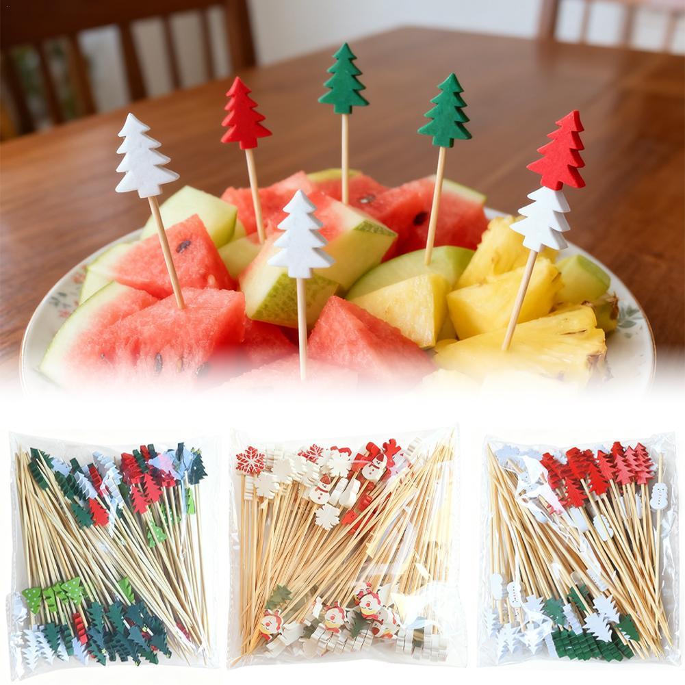 100pc Christmas Bamboo Skewers Disposable Cocktail Picks Dessert Toothpicks Fruit Sticks Merry Christmas Cupcake Cake Decor
