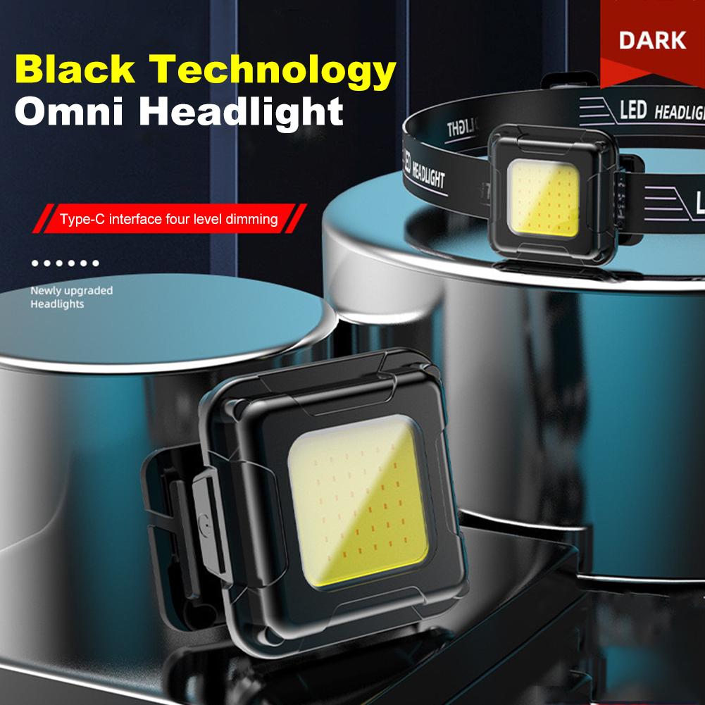 Мини налобный фонарь COB LED с зарядкой Type-C USB Компактный налобный фонарик 4 режима освещения Регулируемый угол для кемпинга, бега, пеших прогулок