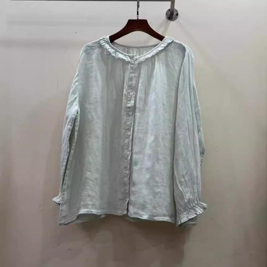 1116 Spring New Women's Crew Neck Japanese Ramie Top Shirt Loose Shirt Single-breasted Linen Long Sleeve Literature and Art
