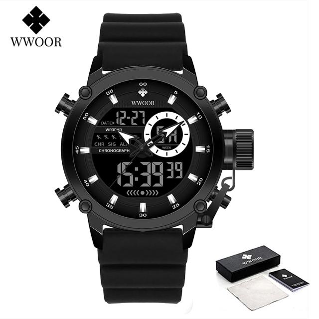 WWOOR Luxury Brand Men's Sport Watches Black Quartz Led Clock Men Waterproof Wristwatch Male Military Watch Relogio Masculino