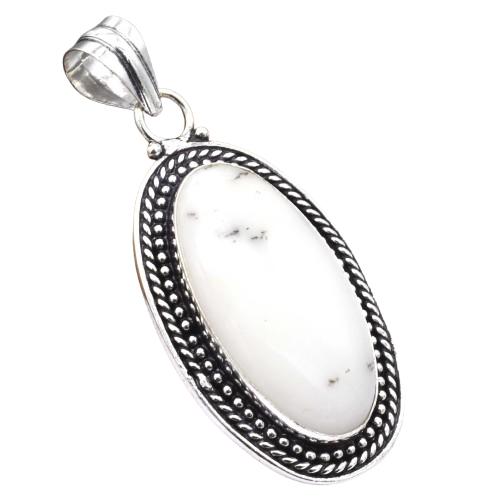 Dendrite Opal Natural Gemstone Antique Silver Plated Pendant 2.25" J2318