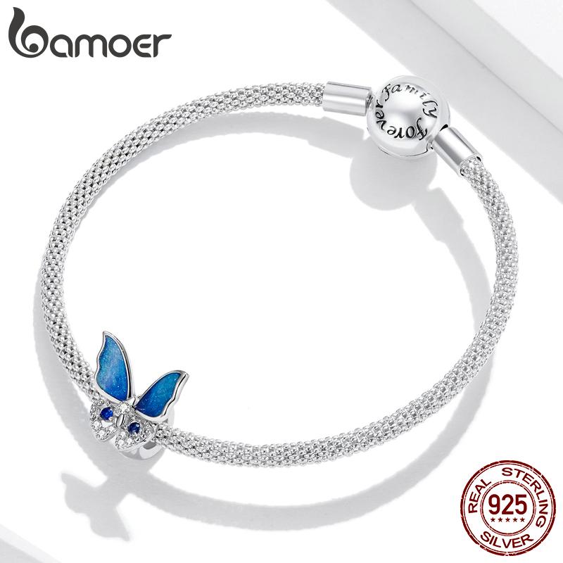 BAMOER из стерлингового серебра 925 пробы, сверкающие разноцветные циркониевые бусины с синей бабочкой для оригинальных браслетов и ожерелья диаметром 3 мм