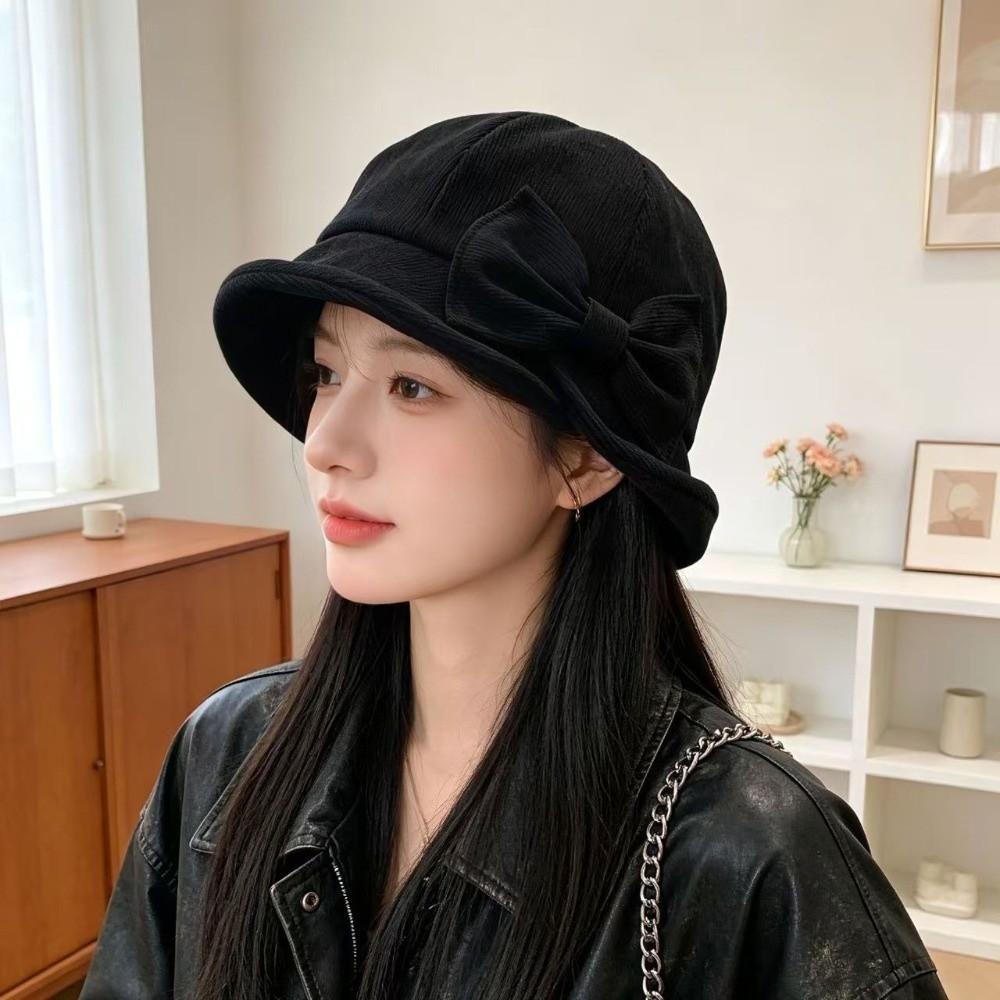Bowknot Fisherman Cap Small Brim Basin Cap Fashion Corduroy Bucket Hat Travel