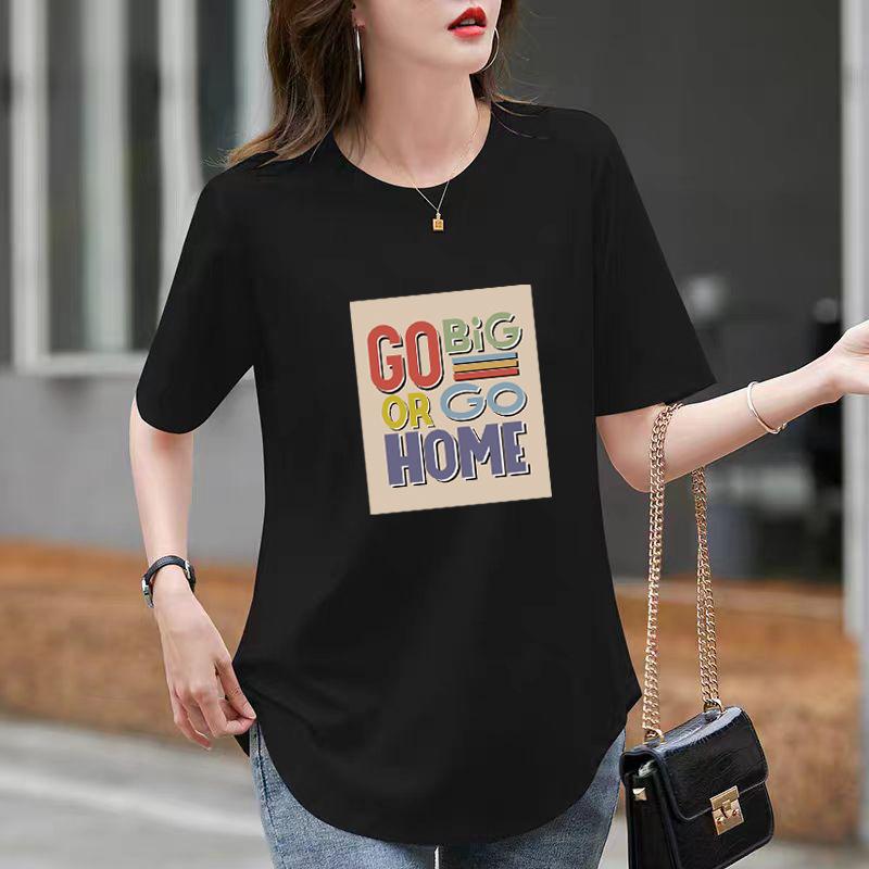 T-shirt Loose Top Black Cotton Round Neck Short Sleeve Women's Summer Curved Hem Split Fork Medium and Long Butt Cover