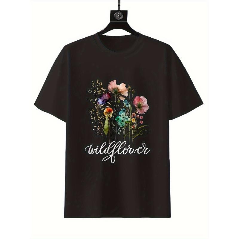 Womens Wildflower Print Casual Shirt Soft Short Sleeve Round Neck Vibrant Floral Lightweight Comfy Spring Summer Top