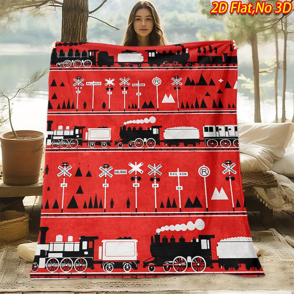 A 2D Flat Printed Fleece Blanket Featuring a Skin-Friendly Train And Railway Transportation Theme, with High-Definition Digital Printing. It'S Soft An