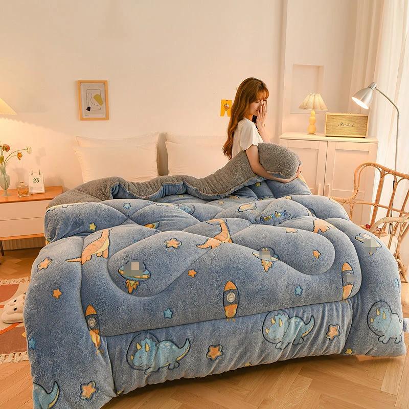 Толстое одеяло из овечьей шерсти с принтом, двухсторонний бархат, осенне-зимнее теплое одеяло, одинарное, для общежития, удобное постельное белье, стеганое одеяло