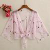 White Pink Women Floral Embroidery Sheer Cover Up Shirts Long Sleeve See Through Cardigan Blouse Beach Boho Shawl Bathing Suit Mesh Women's