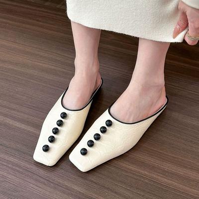 Лоферы женские Мюли Туфли Мягкие кожаные модные тапочки Элегантные туфли с квадратным носком и жемчужными бусинами Тонкие туфли Женские туфли на плоской подошве Повседневная обувь