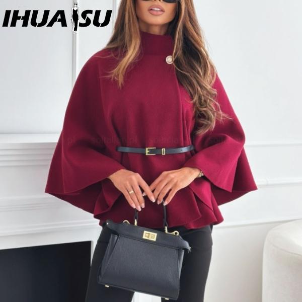 IHUASU Зимняя мода однотонный шерстяной плащ с ремешком на талии для женщин куртки и пальто